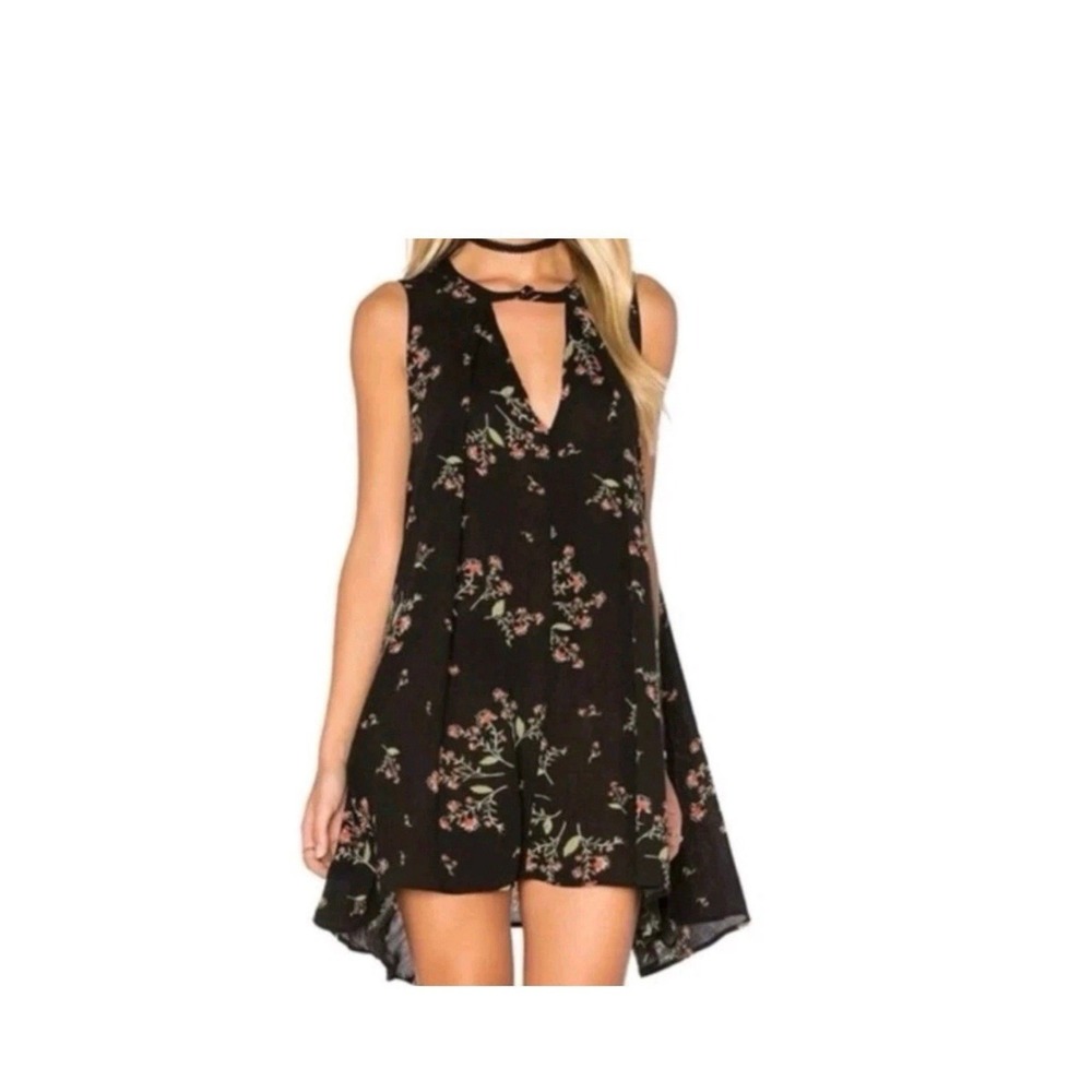 Free People Black Floral Sleeveless Snap Out Of It Swing Dress Tunic Sz M Medium